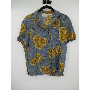 Kathie Lee Womens Top Medium Blue Yellow Button Up Collared Short Sleeves Casual